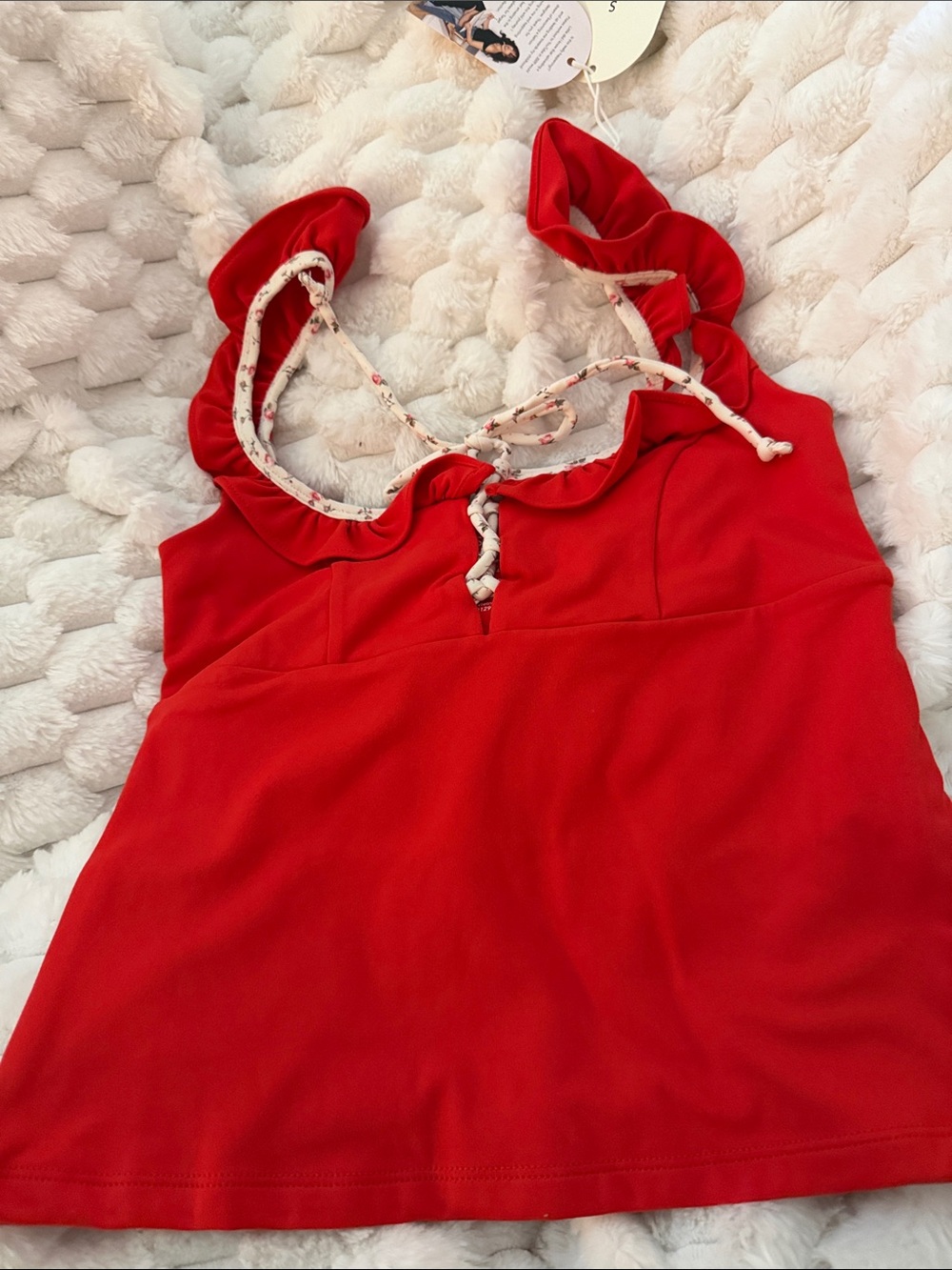 Women's Red Ruffle-Strap Tank Top with Tie Accent